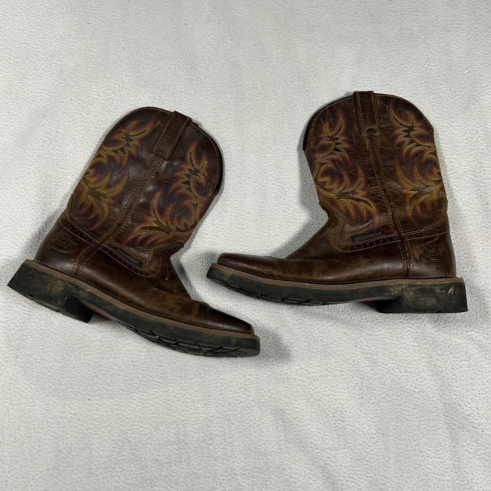Justin Work Boots Mens 7.5D Brown Leather Waterproof Square Toe Cowboy Western